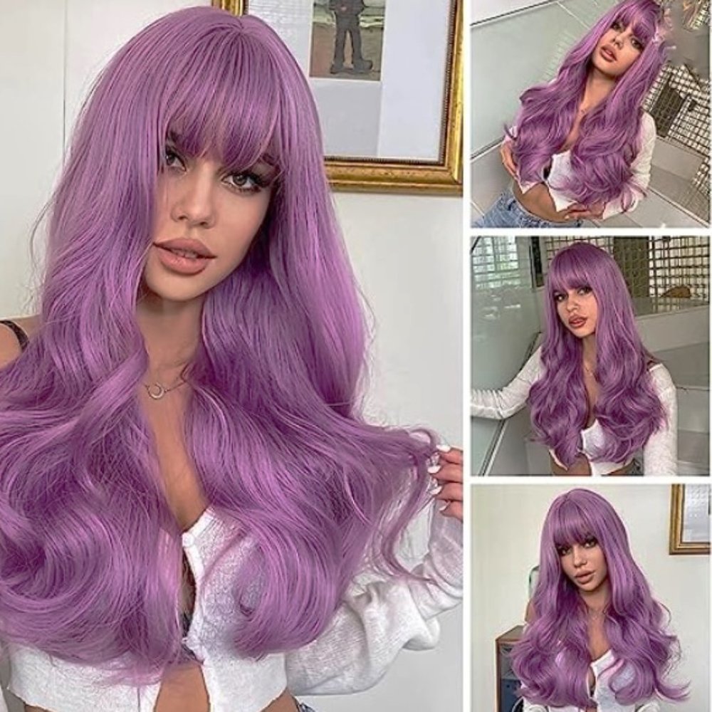 New Sexy Long 24" Purple Pink Synthetic Heat Resistant Wig with Bangs